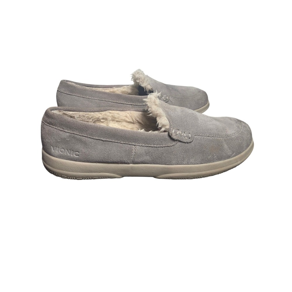Vionic Inez Suede Slippers Womens 8.5 Grey Faux Fur Lined Orthopedic Moccasins